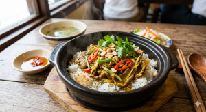 Cơm thố bò xào lăn